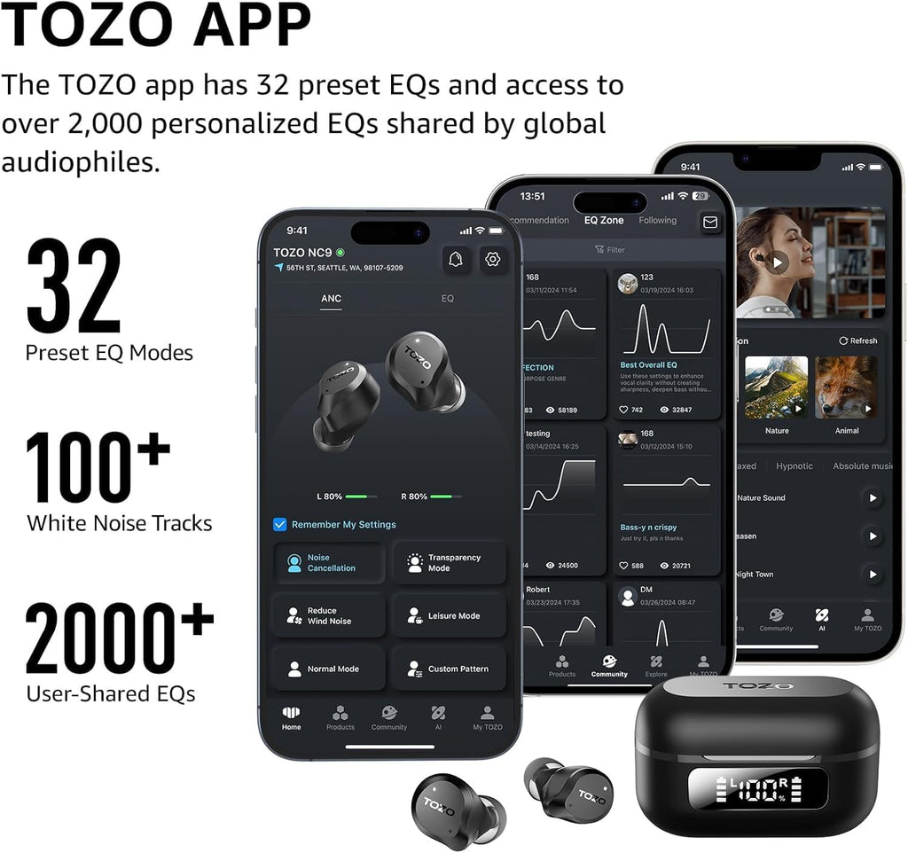 TOZO Hybrid Active Noise Cancelling Wireless Earbuds – 59H Playtime
