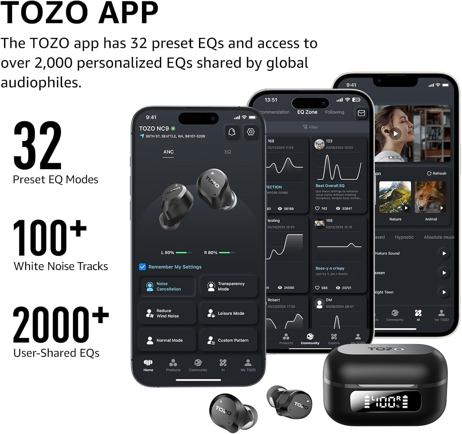 TOZO Hybrid Active Noise Cancelling Wireless Earbuds – 59H Playtime