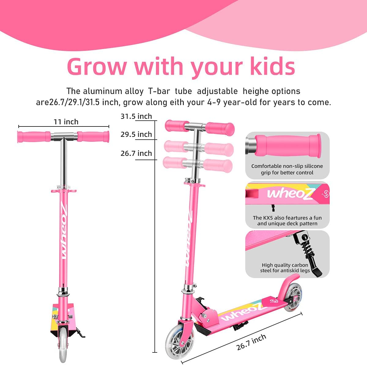 WheoZ Kids 2-Wheel Kick Scooter – Folding Design with LED Light Up Wheels