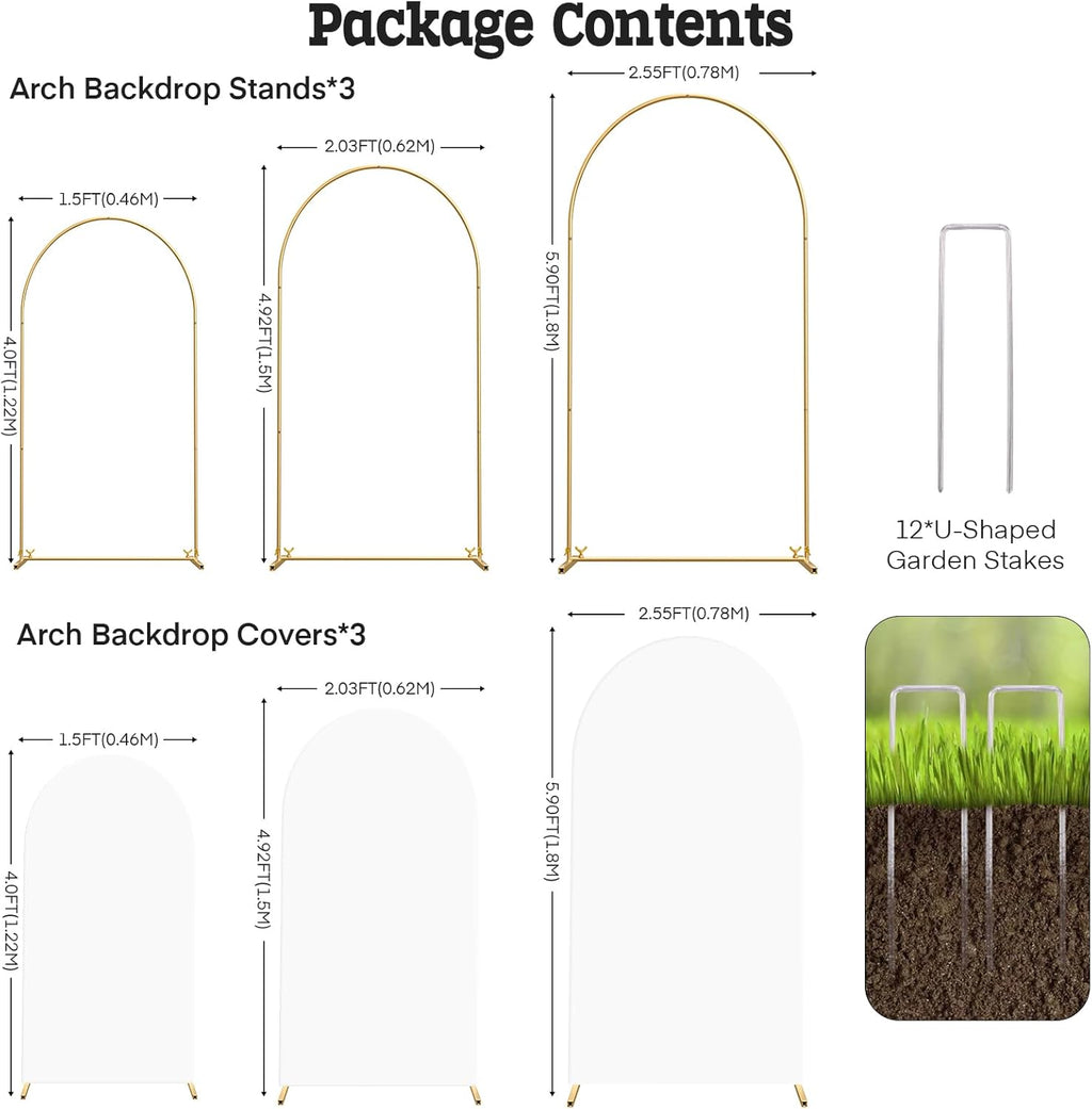 TopDirect Gold Metal Arch Backdrop Stand Set with 3 White Spandex Covers