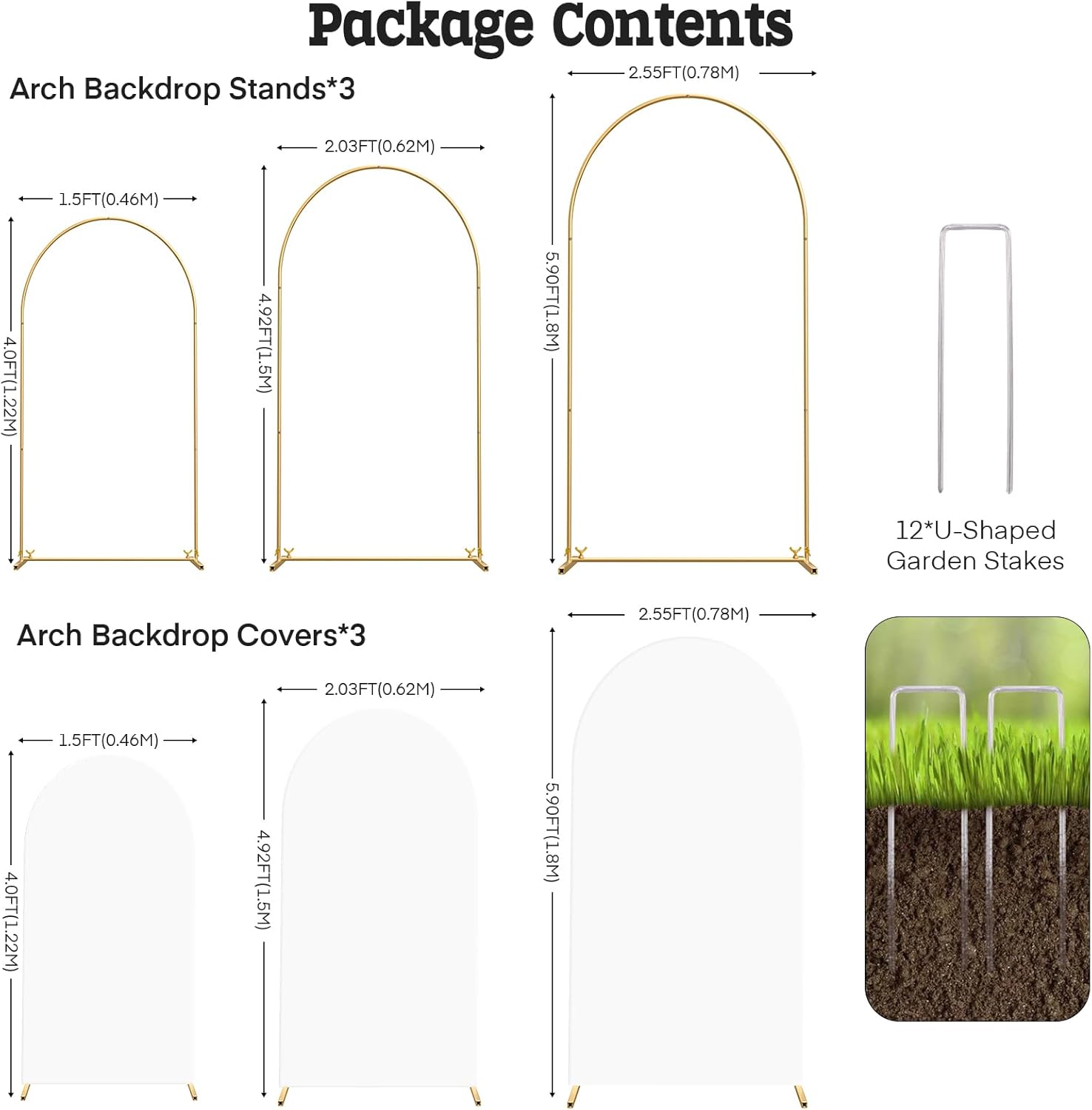TopDirect Gold Metal Arch Backdrop Stand Set with 3 White Spandex Covers