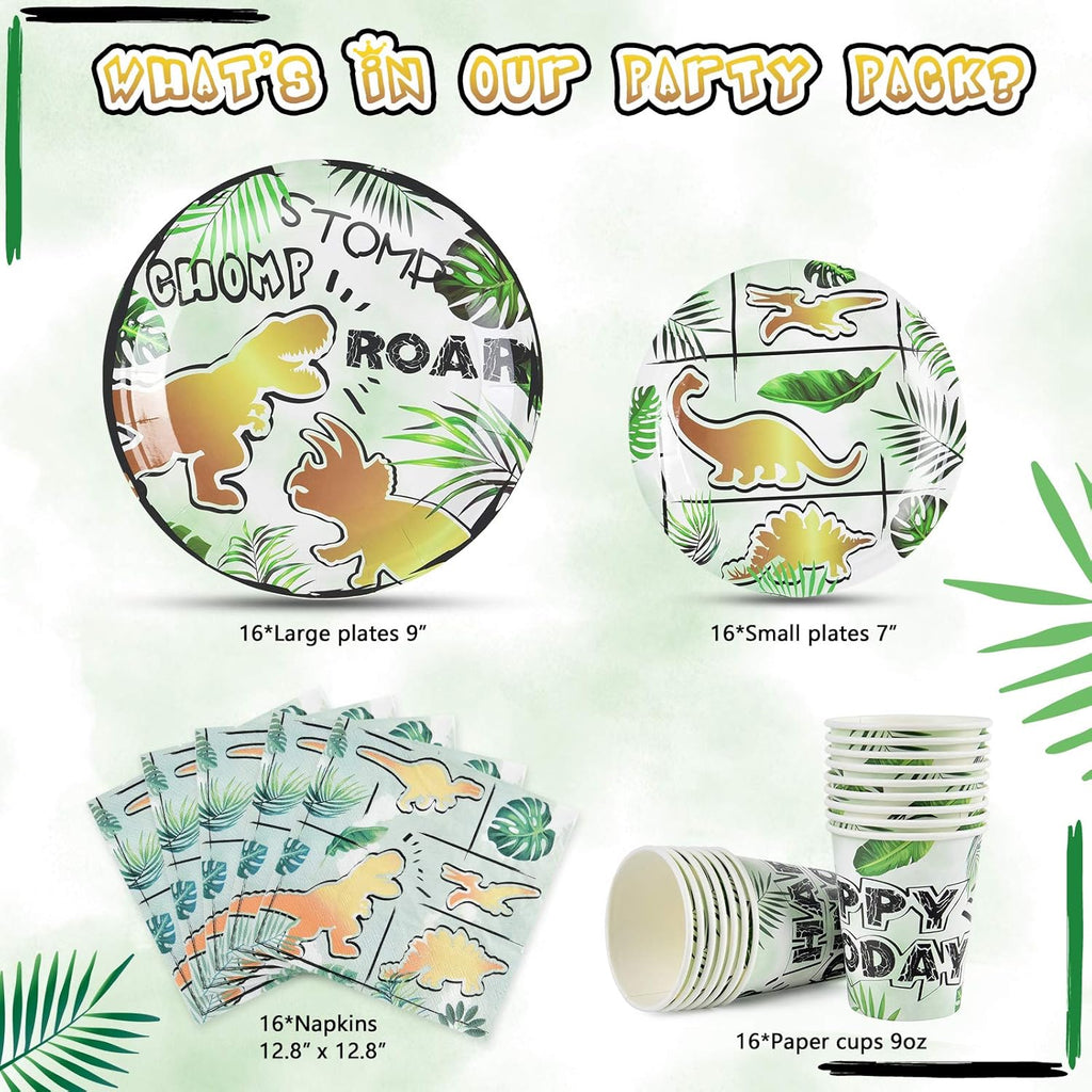 Massive Discounts Gold Dinosaur Party Tableware Set - 16 Guests 64pc