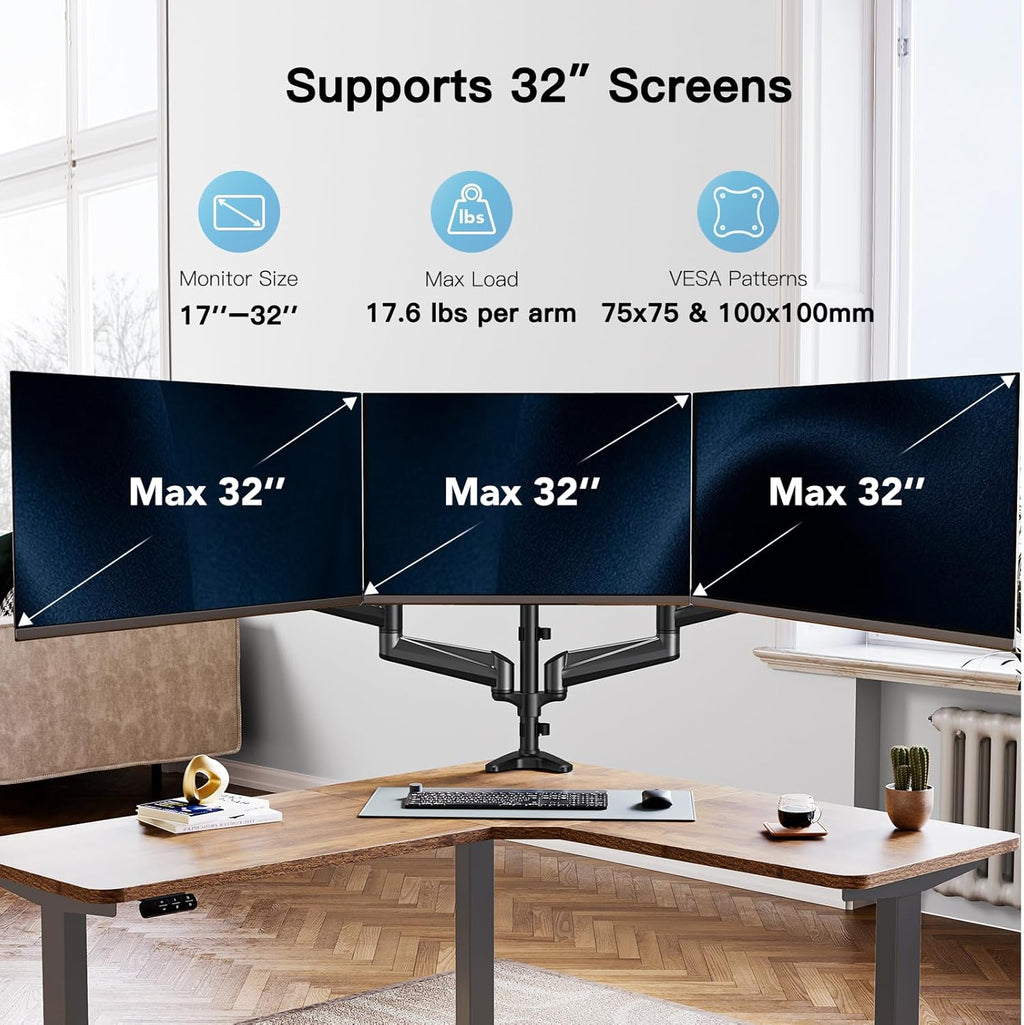 HUANUO Triple Monitor Stand – Gas Spring Desk Mount for 17-32 Inch Screens