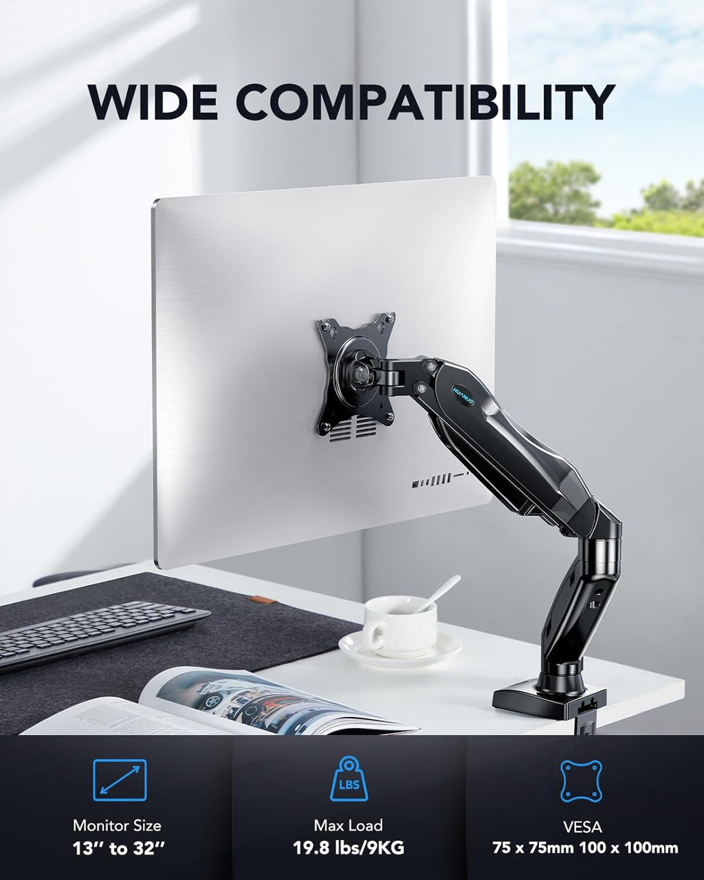 HUANUO Single Monitor Arm – Gas Spring Desk Mount for 13-32 Inch Screens