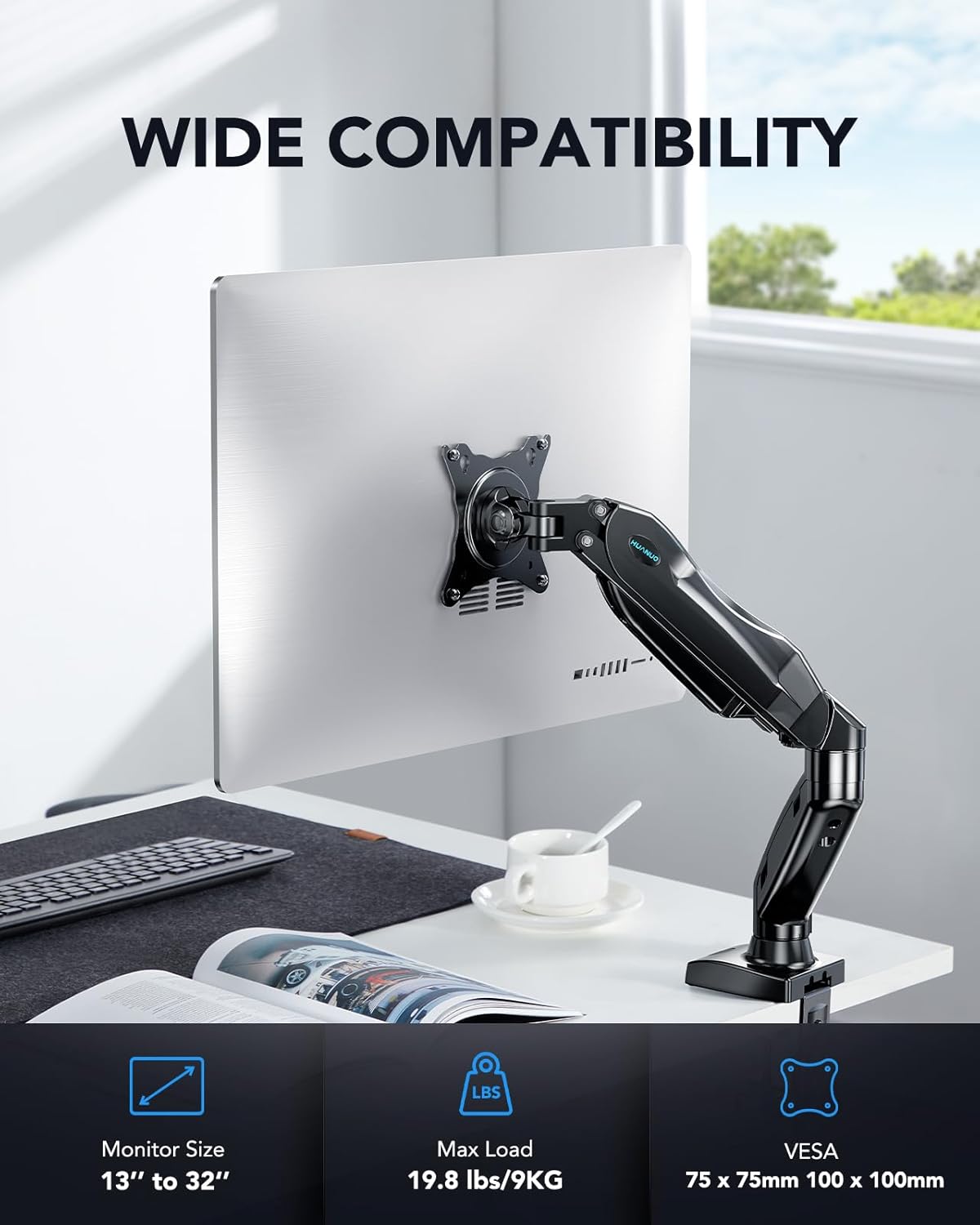 HUANUO Single Monitor Arm – Gas Spring Desk Mount for 13-32 Inch Screens