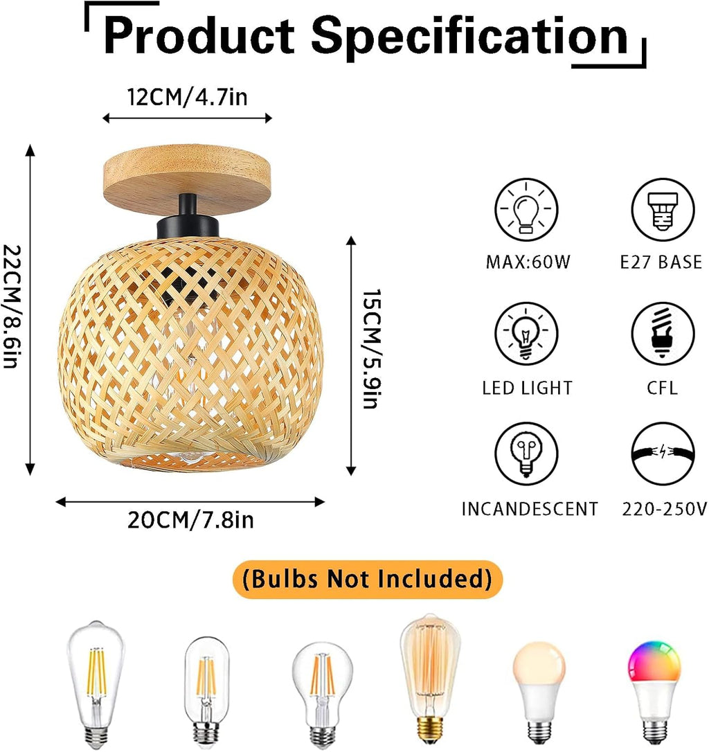 Schindora Bamboo Flush Mount Ceiling Light – Boho Rattan Wicker Fixture
