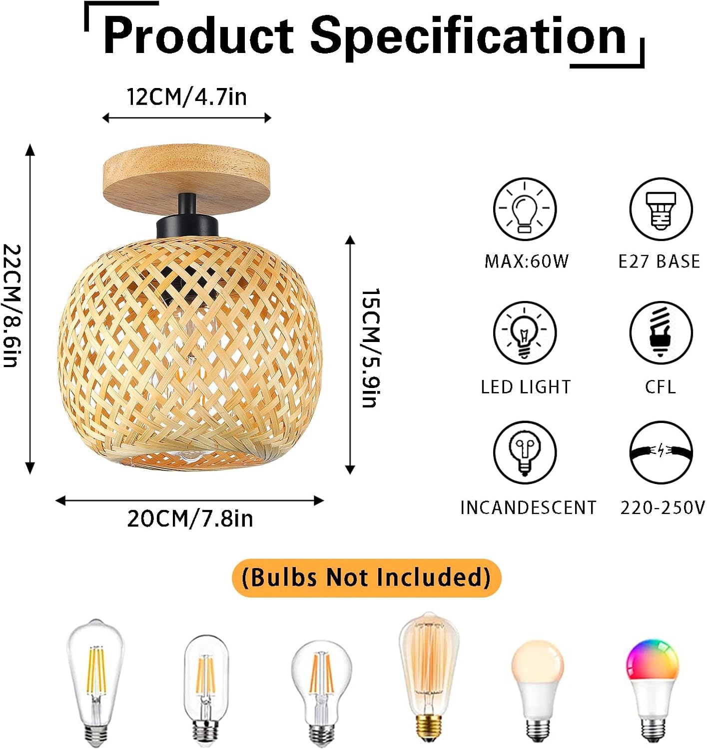 Schindora Bamboo Flush Mount Ceiling Light – Boho Rattan Wicker Fixture