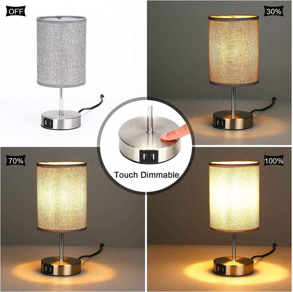Lightess Touch Bedside Lamps - Set of 2 Grey USB Dimmable Table Lamps