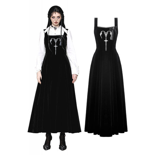 Dark in Love Lux Black Velvet Horn Embroidery Gothic Maxi Dress