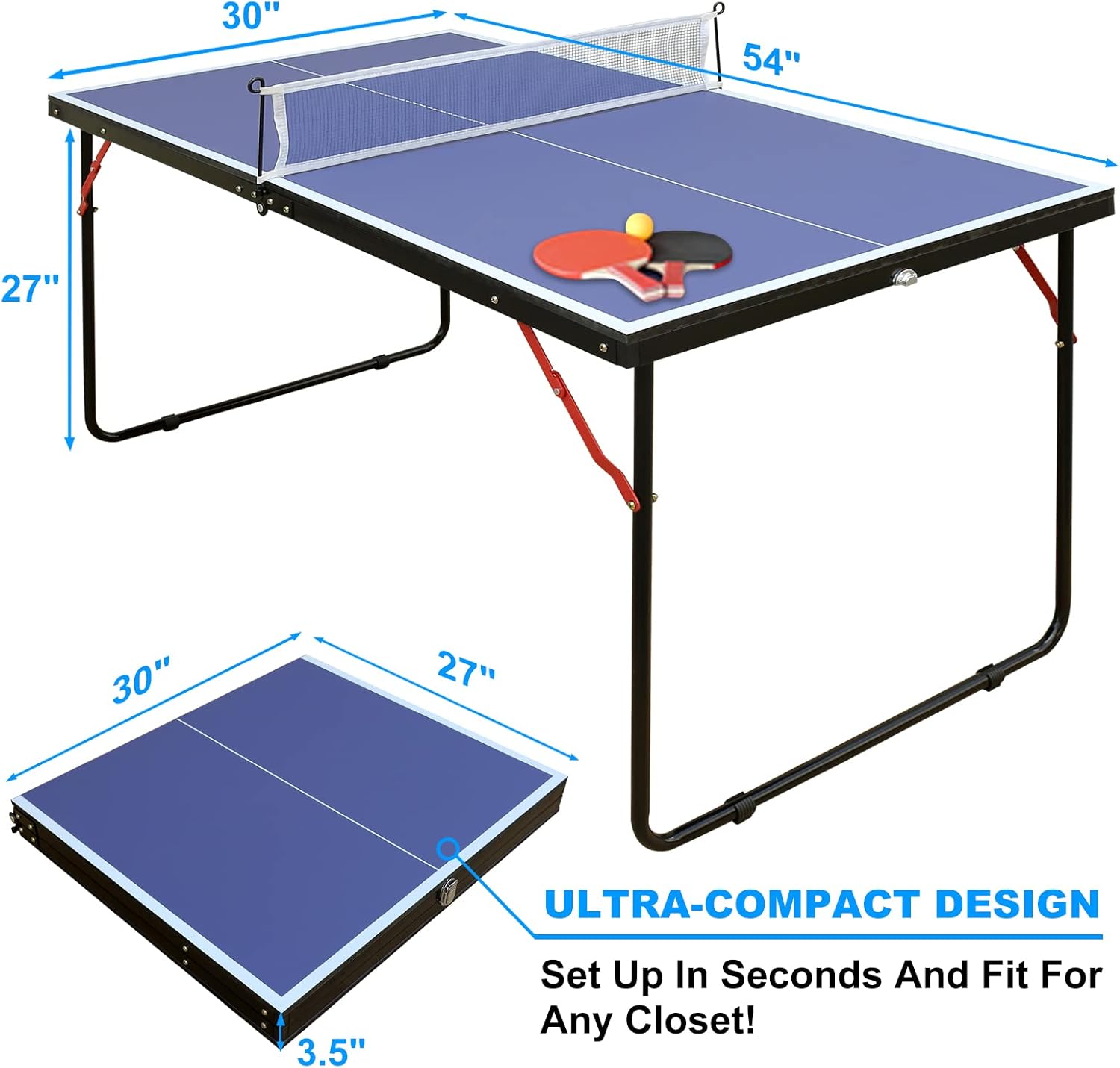 REXOUS Midsize Folding Ping Pong Table Set - 54" x 30" Portable Game Table