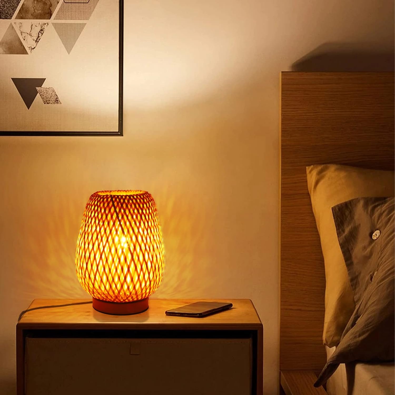 Schindora Bamboo Table Lamp – Handmade Wicker Boho Bedside Light