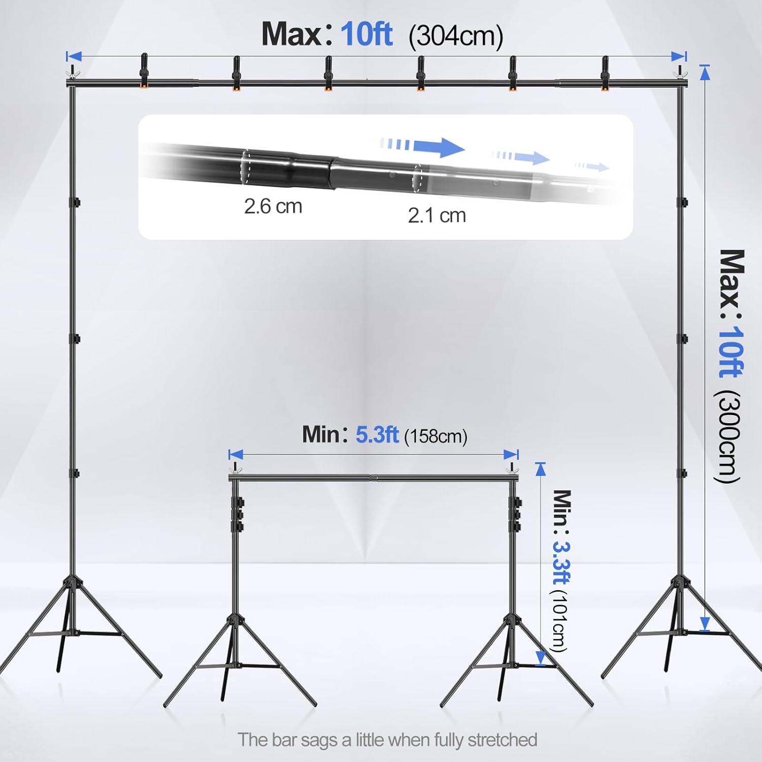 EMART 3x3m Backdrop Stand Kit - Adjustable Photo Studio Support with 8 Clamps