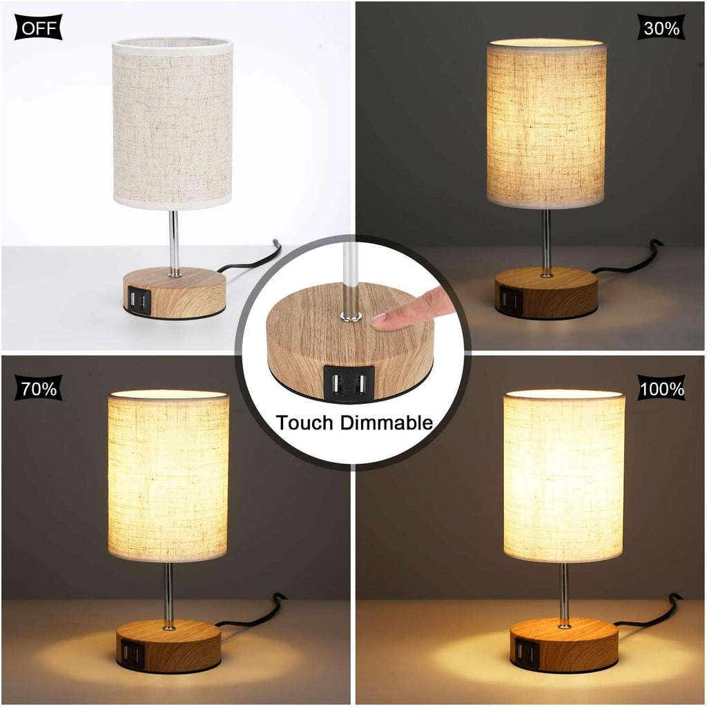 Lightess Touch Bedside Lamps - Set of 2 Dimmable Wood USB Table Lamps