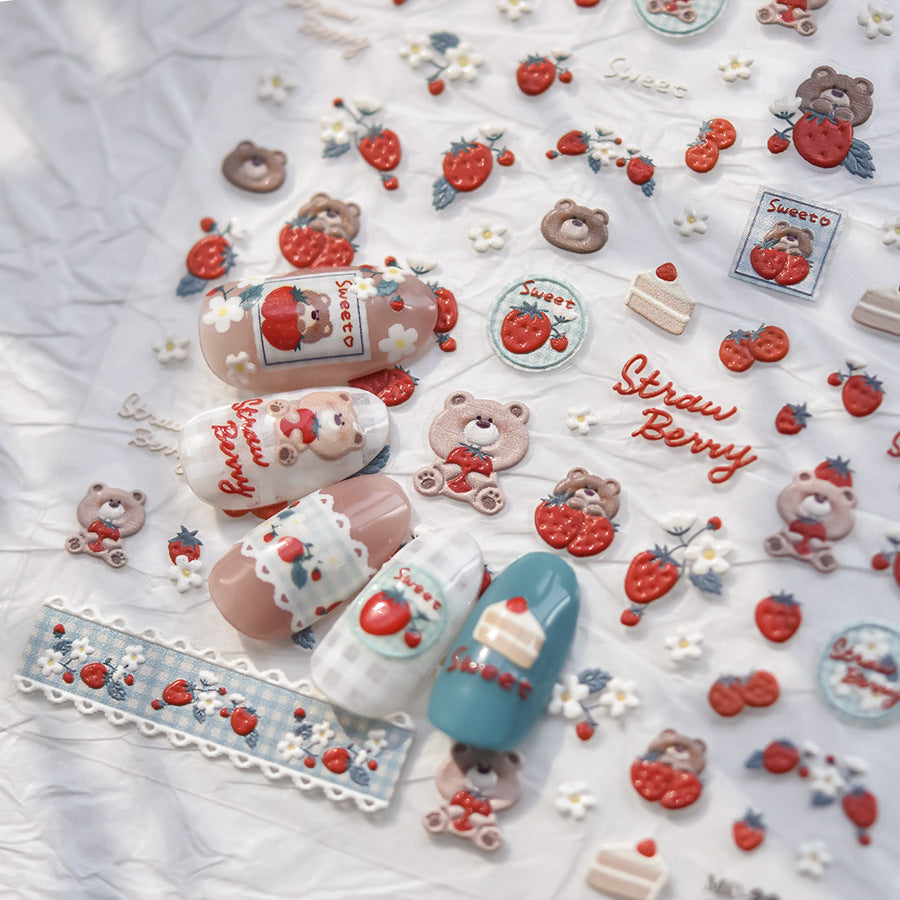 Strawberry Bear 5D Nail Deco Stickers | LuLuFun Studio Art Decals