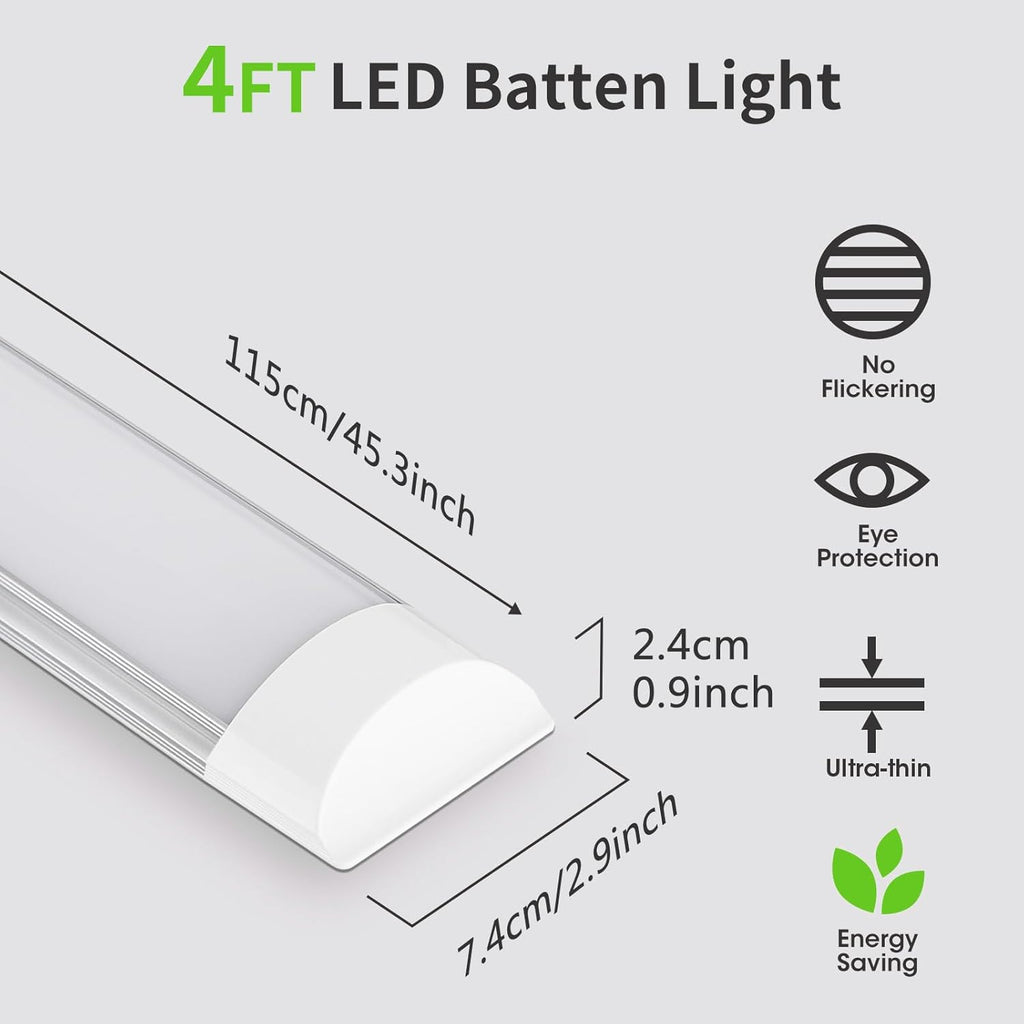 HUMIGA 4FT LED Batten Light 40W 4000K Slim Surface Mount Fitting, 2 Pack