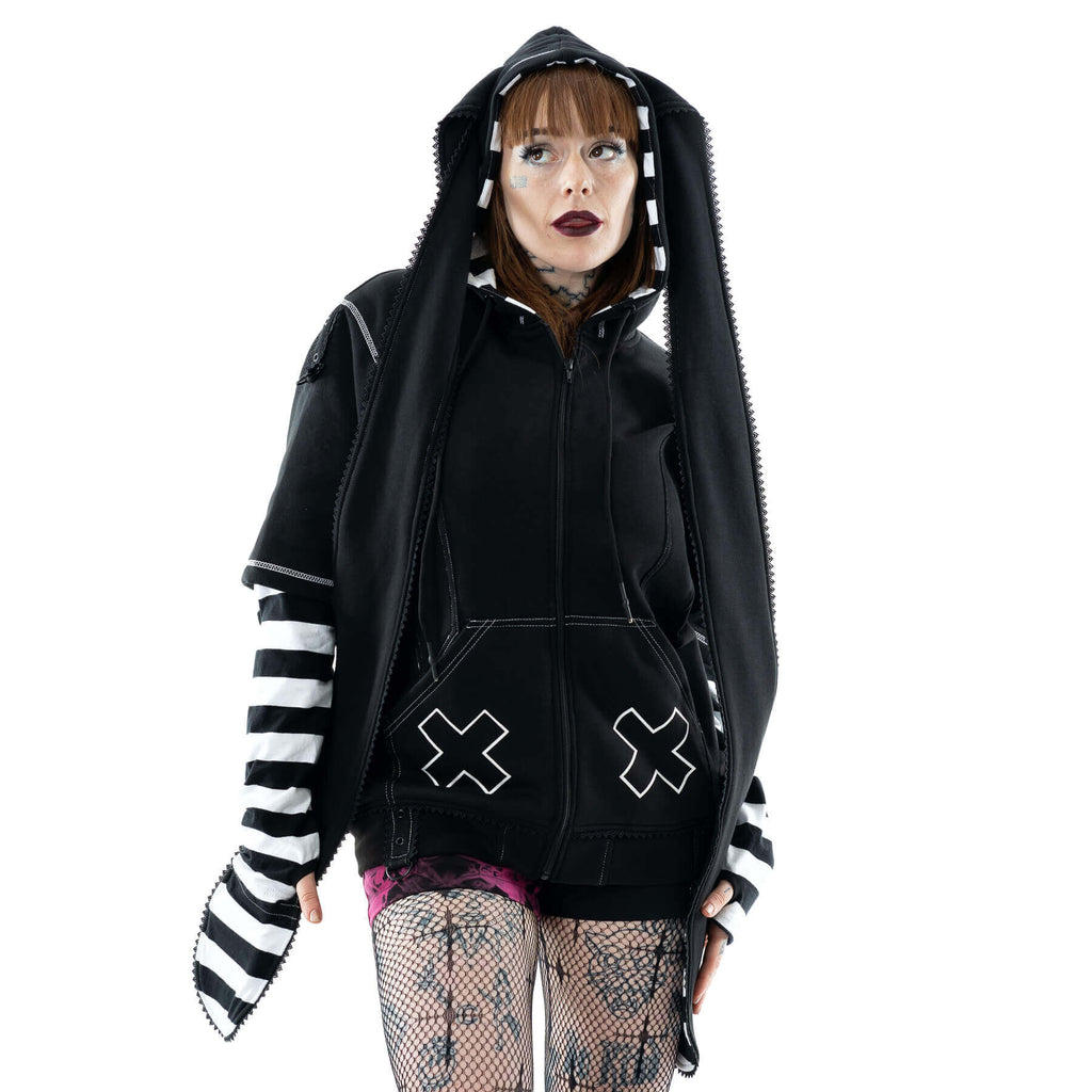 Cupcake Cult Hypno Bunny Hood – Black & White Cotton Blend Hooded Scarf