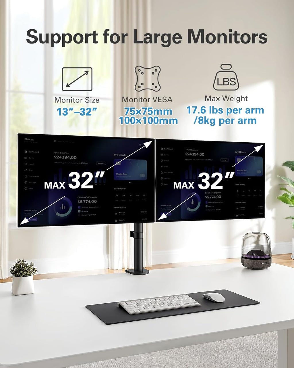 HUANUO Dual Monitor Stand – Heavy Duty Steel Desk Mount for 13-32" Screens
