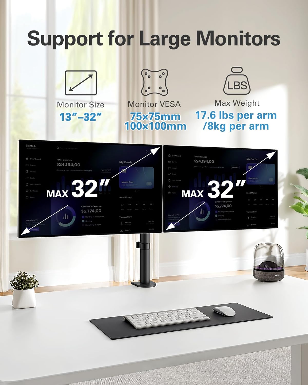 HUANUO Dual Monitor Stand – Heavy Duty Steel Desk Mount for 13-32" Screens
