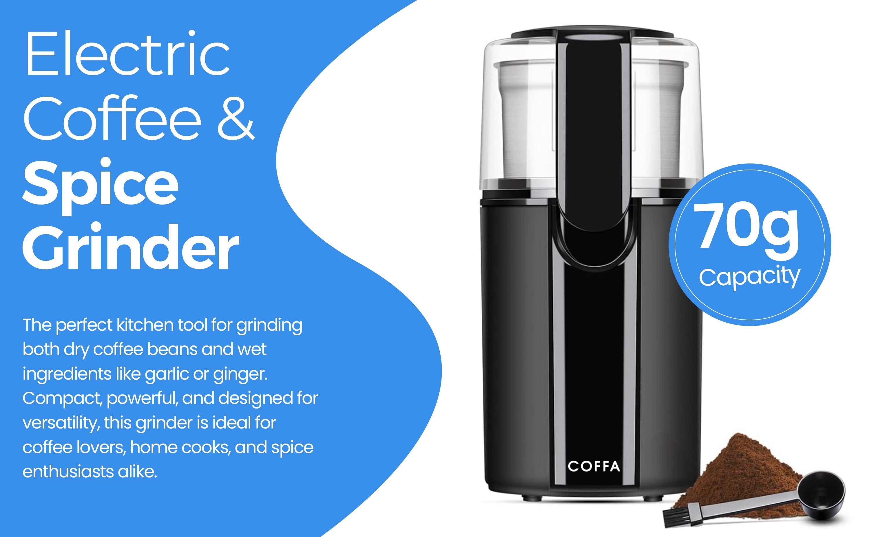 COFFA Electric Coffee Grinder - 200W Wet & Dry Stainless Steel Bowls