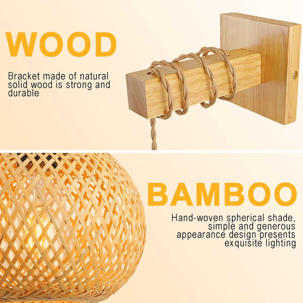 Schindora Handwoven Bamboo Wall Light – Boho Rattan E27 Indoor Sconce