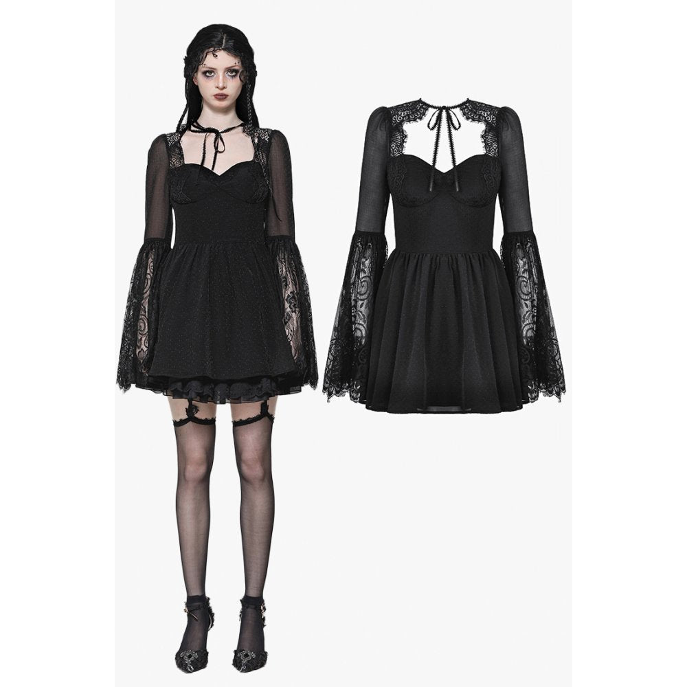 Dark in Love Greta Gothic Lace-Up Mesh Dress – Black Bell Sleeve
