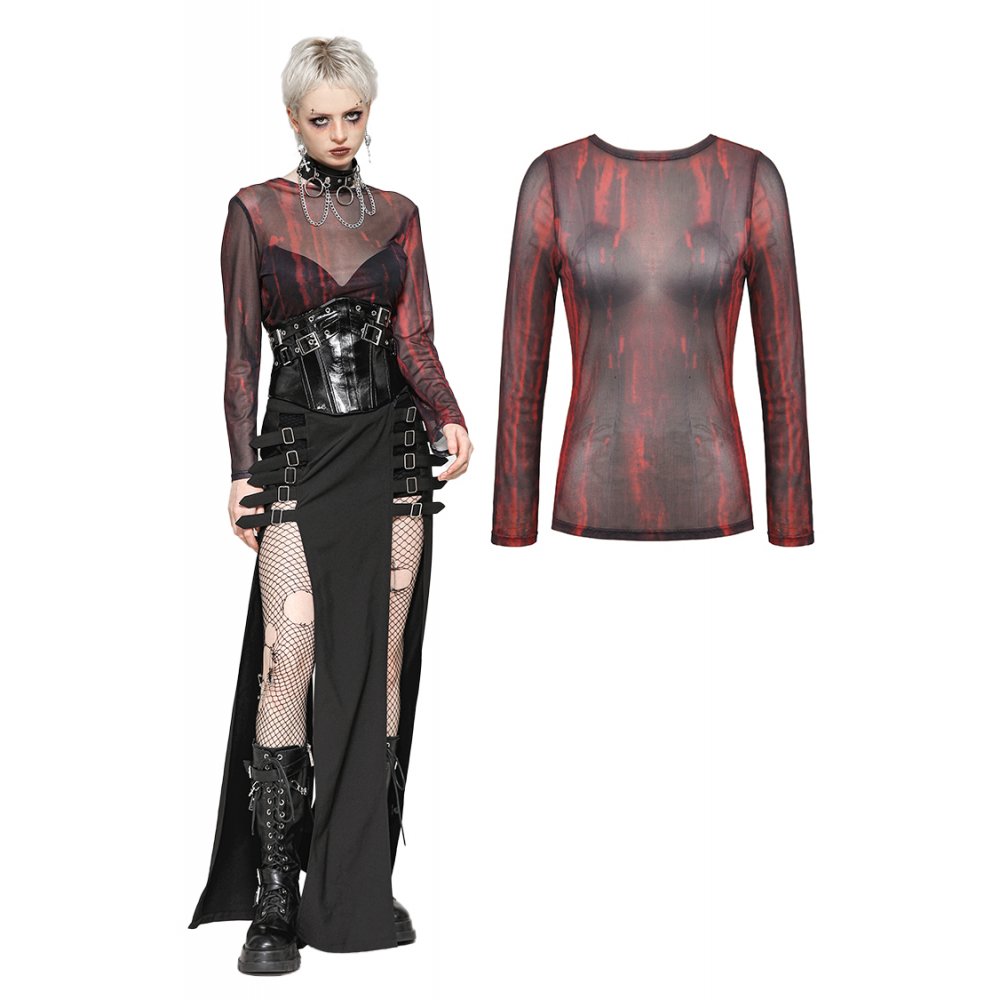 Dark in Love Carson Black and Red Tie-Dye Mesh Gothic Basic Top