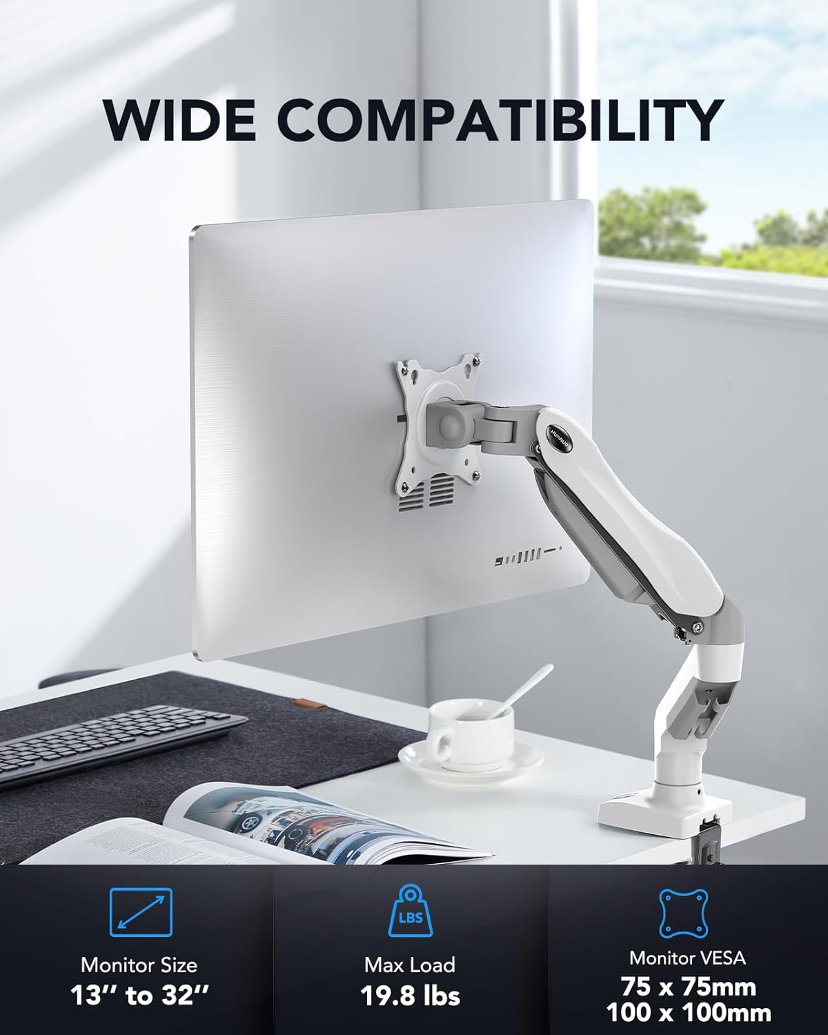 HUANUO Single Monitor Arm – Gas Spring Desk Mount for 13-32 Inch Screens