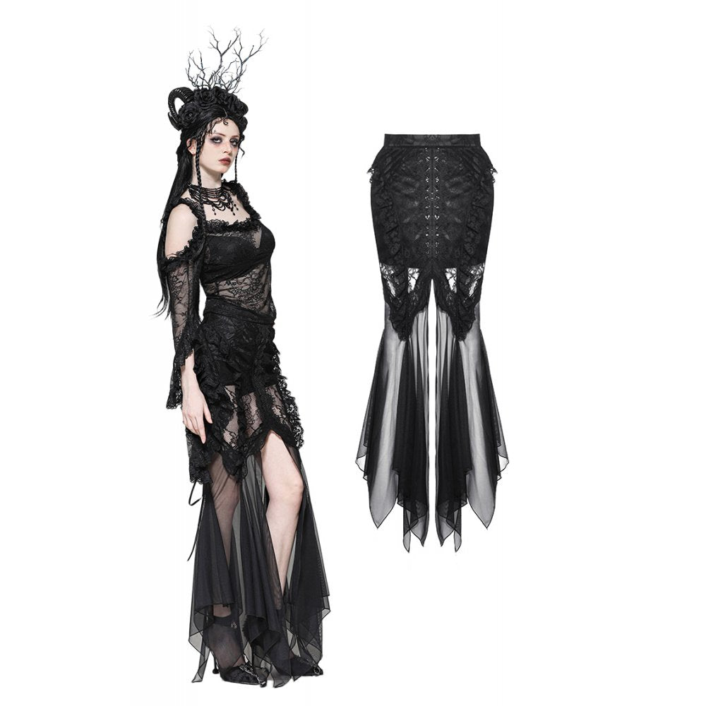 Dark in Love Nevaeh Gothic Lace and Mesh Mermaid Skirt – Black Embroidery