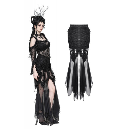 Dark in Love Nevaeh Gothic Lace and Mesh Mermaid Skirt – Black Embroidery
