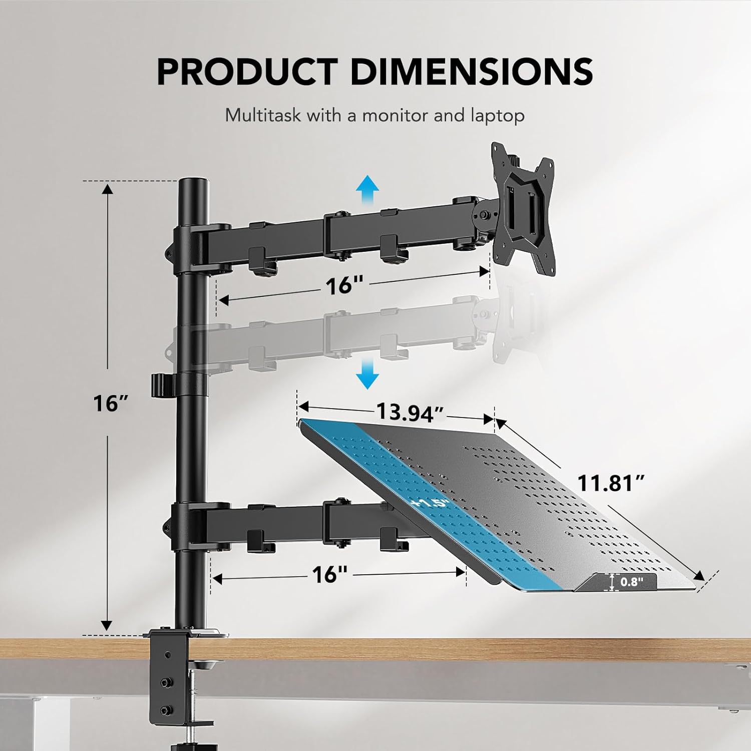 HUANUO Monitor Arm with Laptop Tray | 13–32" Screen & 17" Notebook Mount
