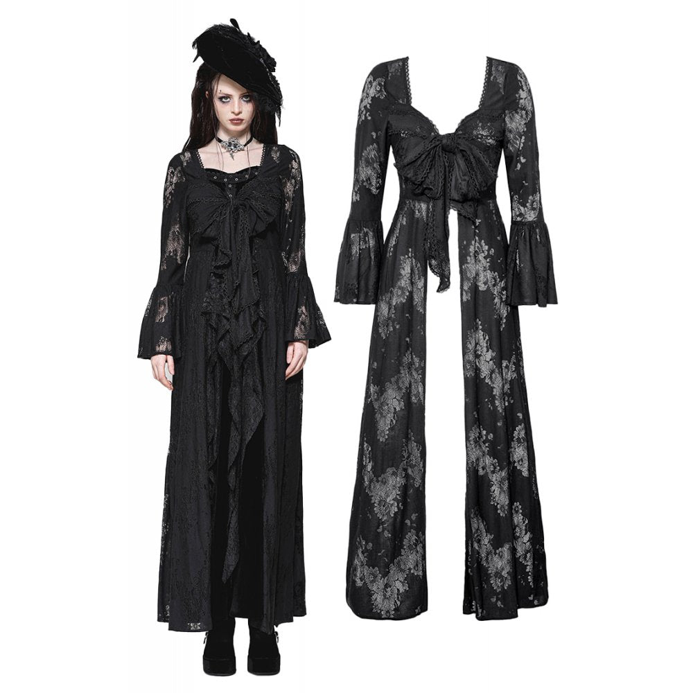 Dark in Love Emersyn Gothic Long Robe – Floral Lace Bell Sleeve