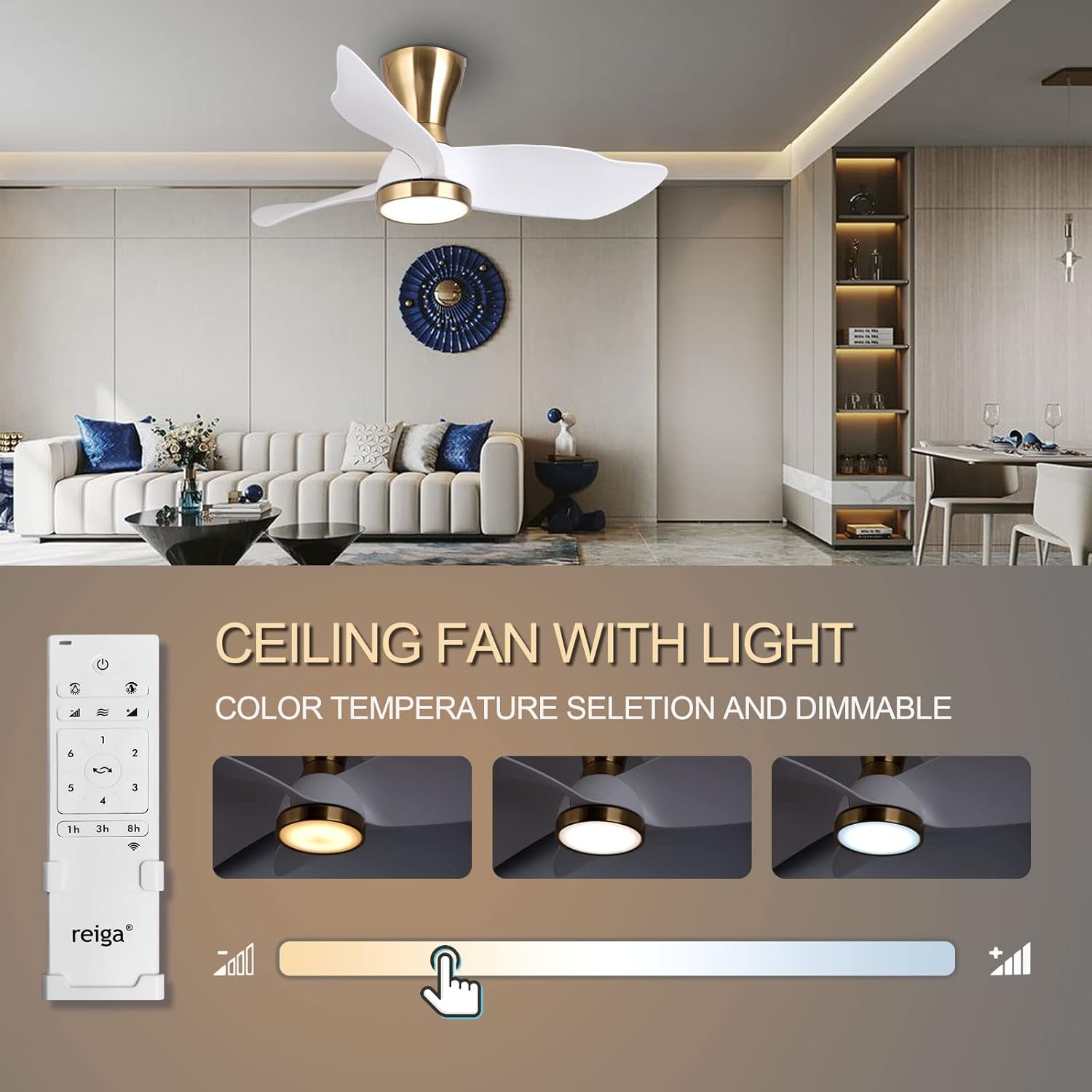 Reiga 91cm Flush Mount DC Ceiling Fan | Dimmable LED Light & Remote
