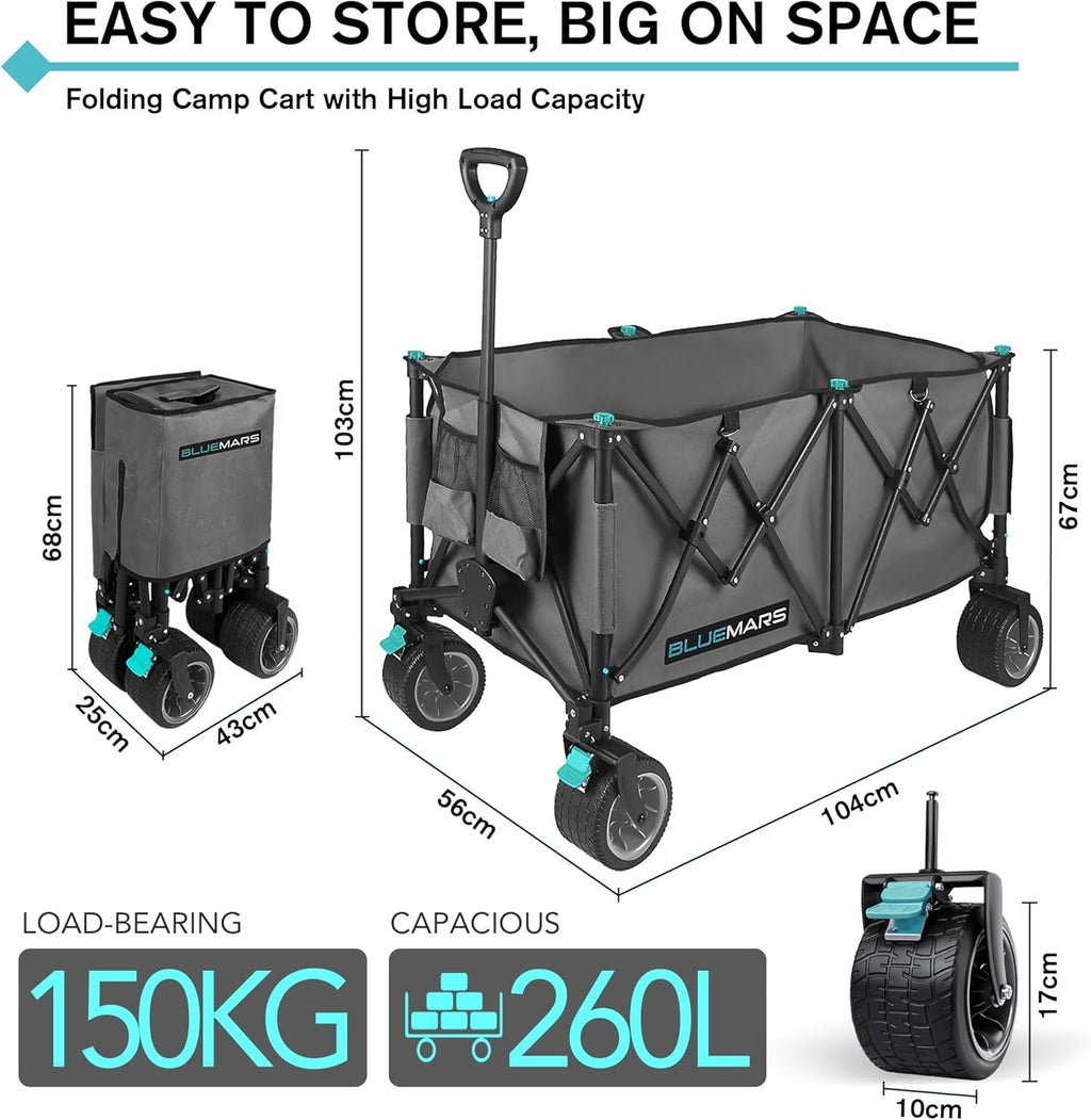 Bluemars Collapsible Garden Wagon | 150kg Heavy Duty Folding Trolley