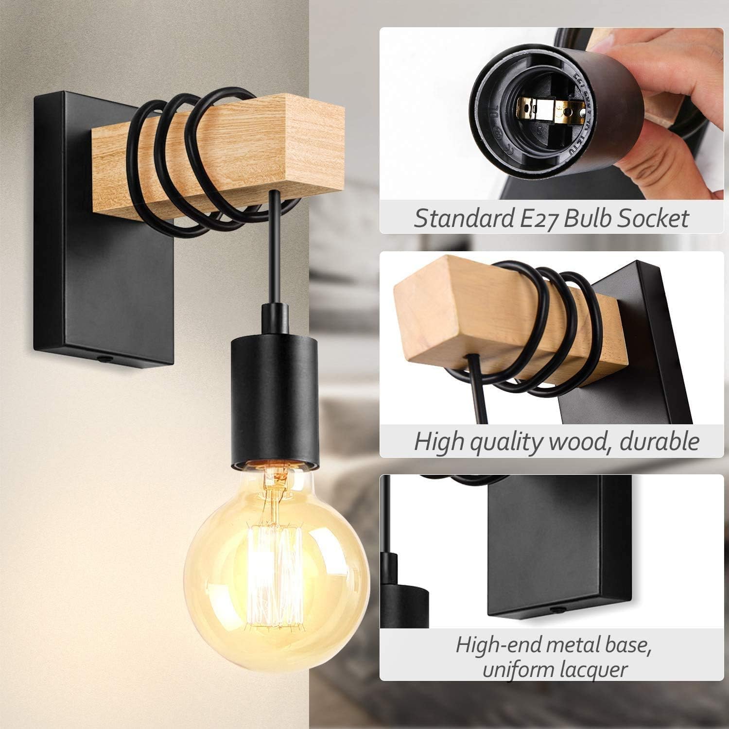 Massive Discounts Wooden Wall Sconce – 2 Pack Industrial E27 Light