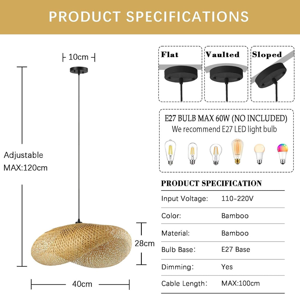 Schindora Bamboo Pendant Light – 40cm Woven Straw Hat Ceiling Lamp