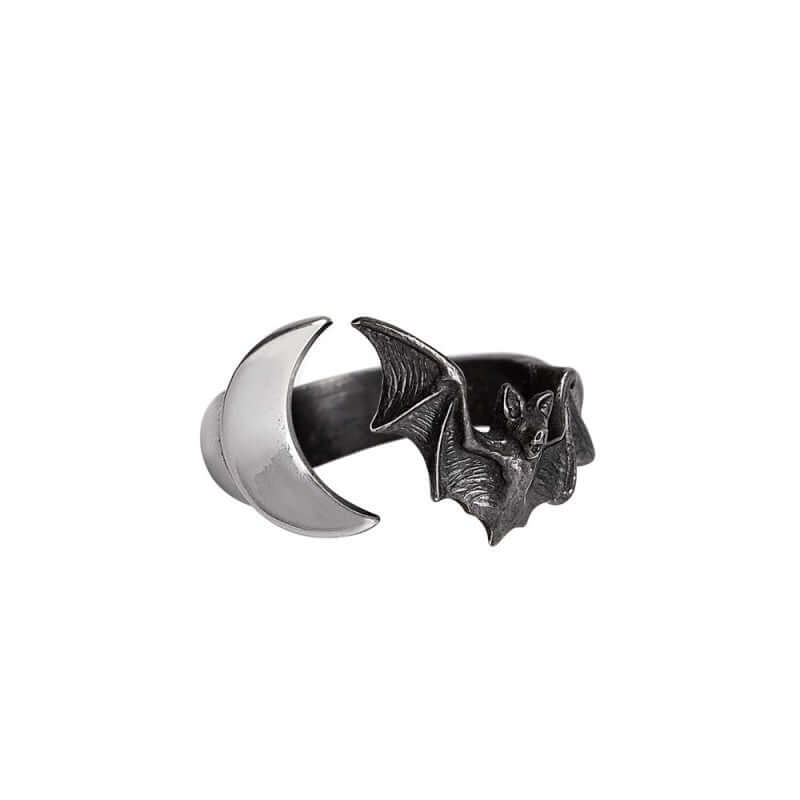 Alchemy Gothic Lunatious Ring | Antiqued Pewter Moon & Bat Jewelry