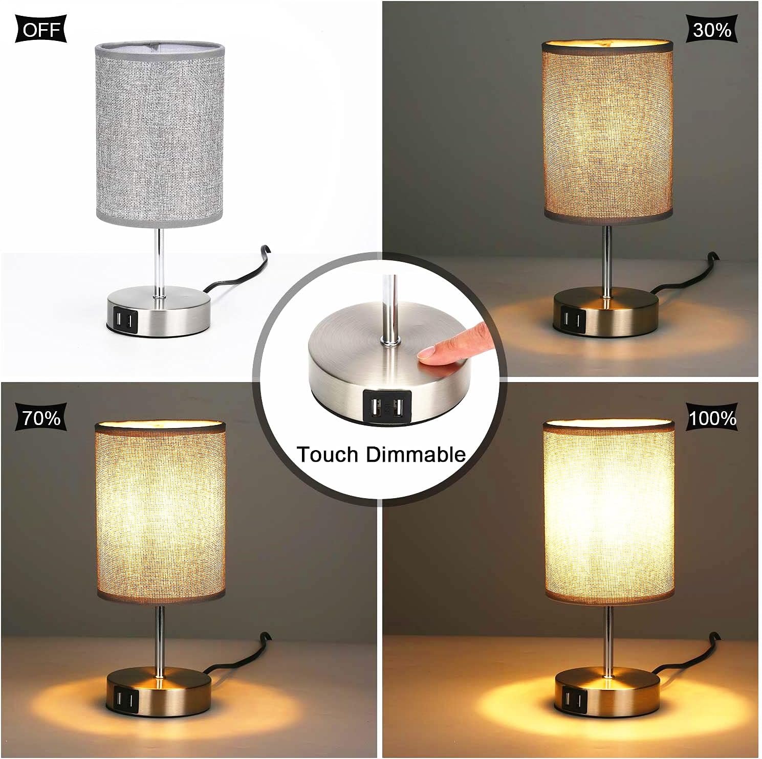 Lightess Touch Bedside Lamps – Set of 2 Grey USB Dimmable Table Lamps