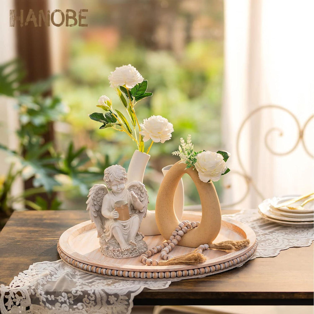 HANOBE 18 Inch Round Wooden Tray | Beaded Boho Coffee Table Centerpiece