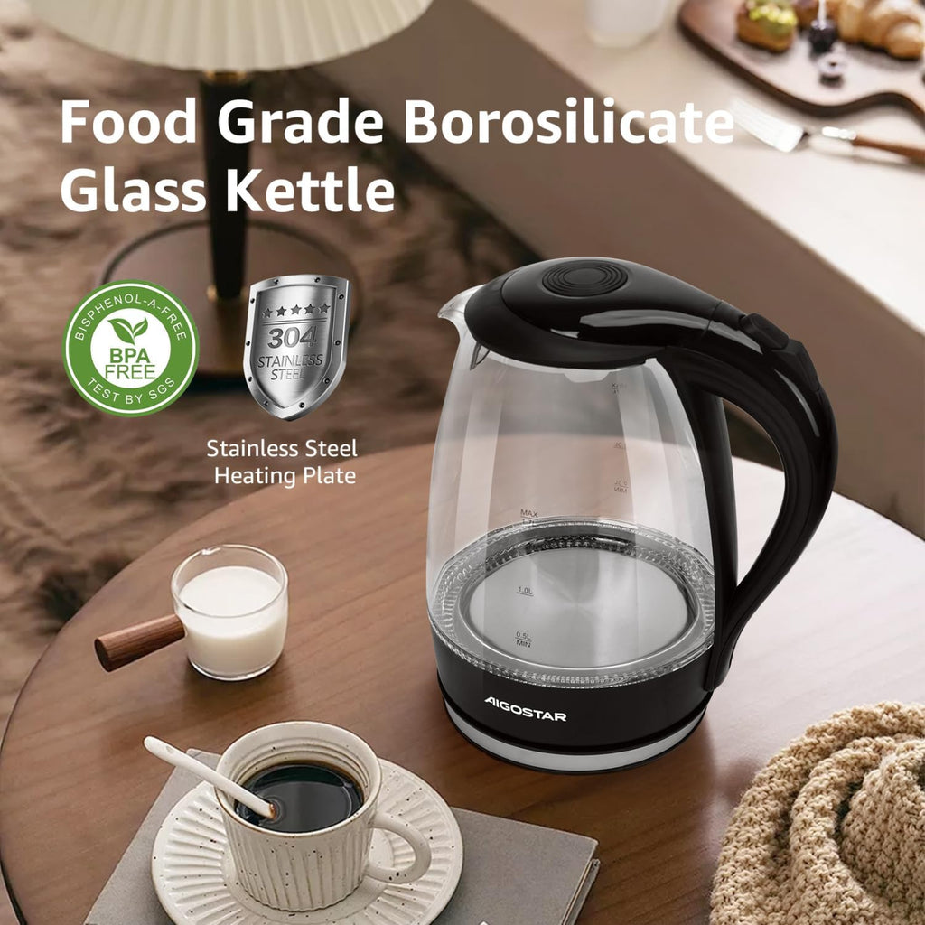 Aigostar 1.7L Glass Electric Kettle | 2200W Fast Boil LED Light
