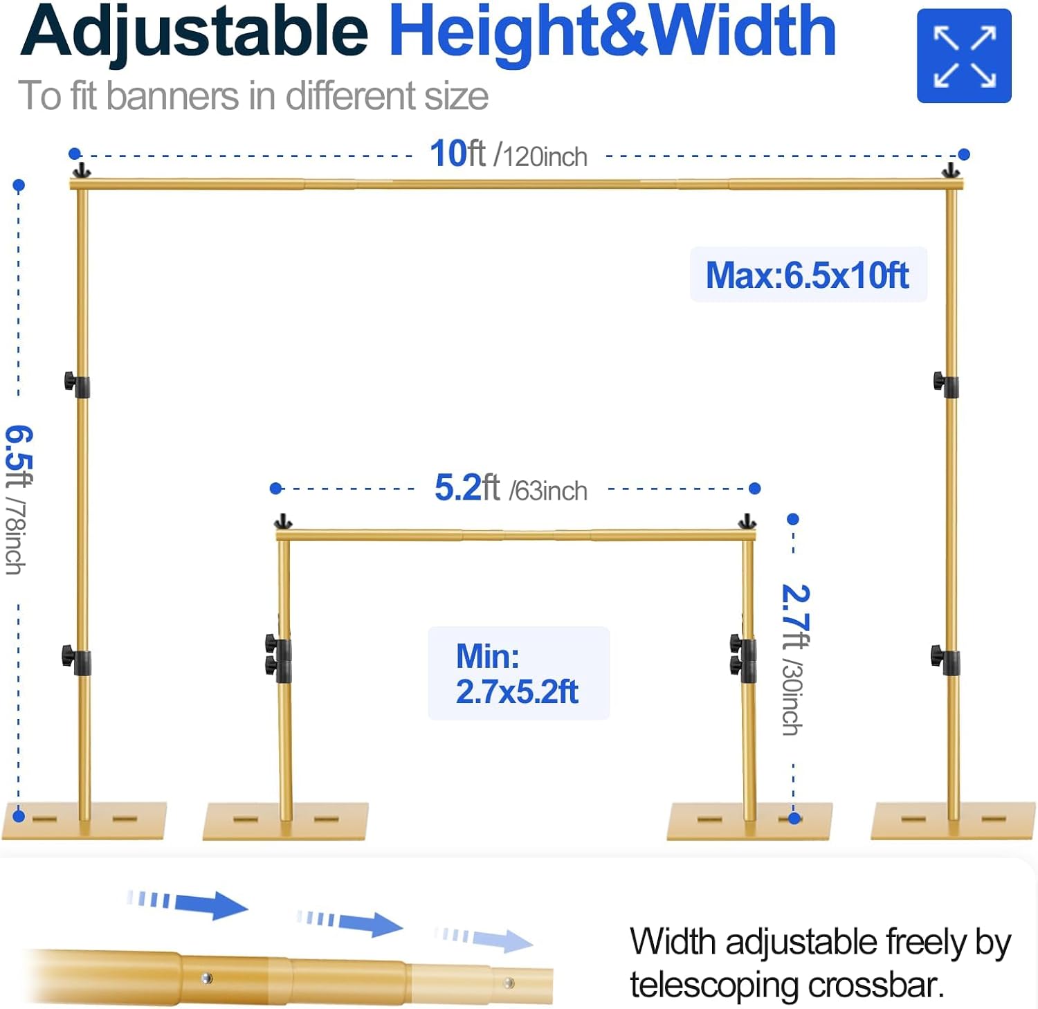EMART Heavy Duty Backdrop Stand – 6.5x10ft Adjustable Gold Steel Base