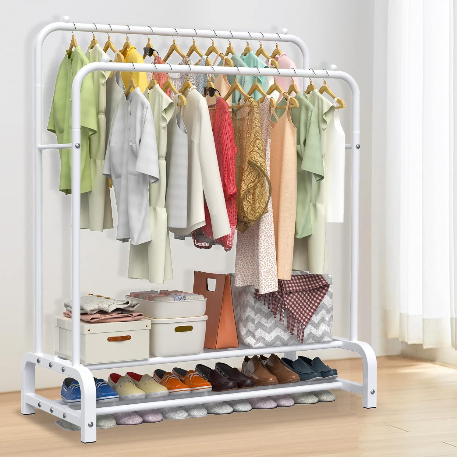 LOEFME Double Metal Garment Rack – Heavy Duty 2-Tier Clothes Rail, White