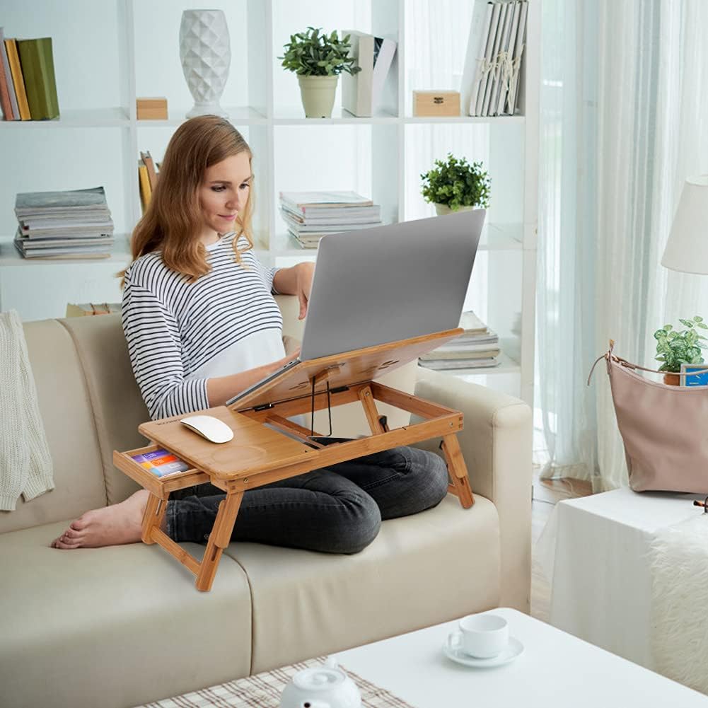 Ejoyous Bamboo Laptop Desk | Adjustable Bed Tray with Drawer & Vent
