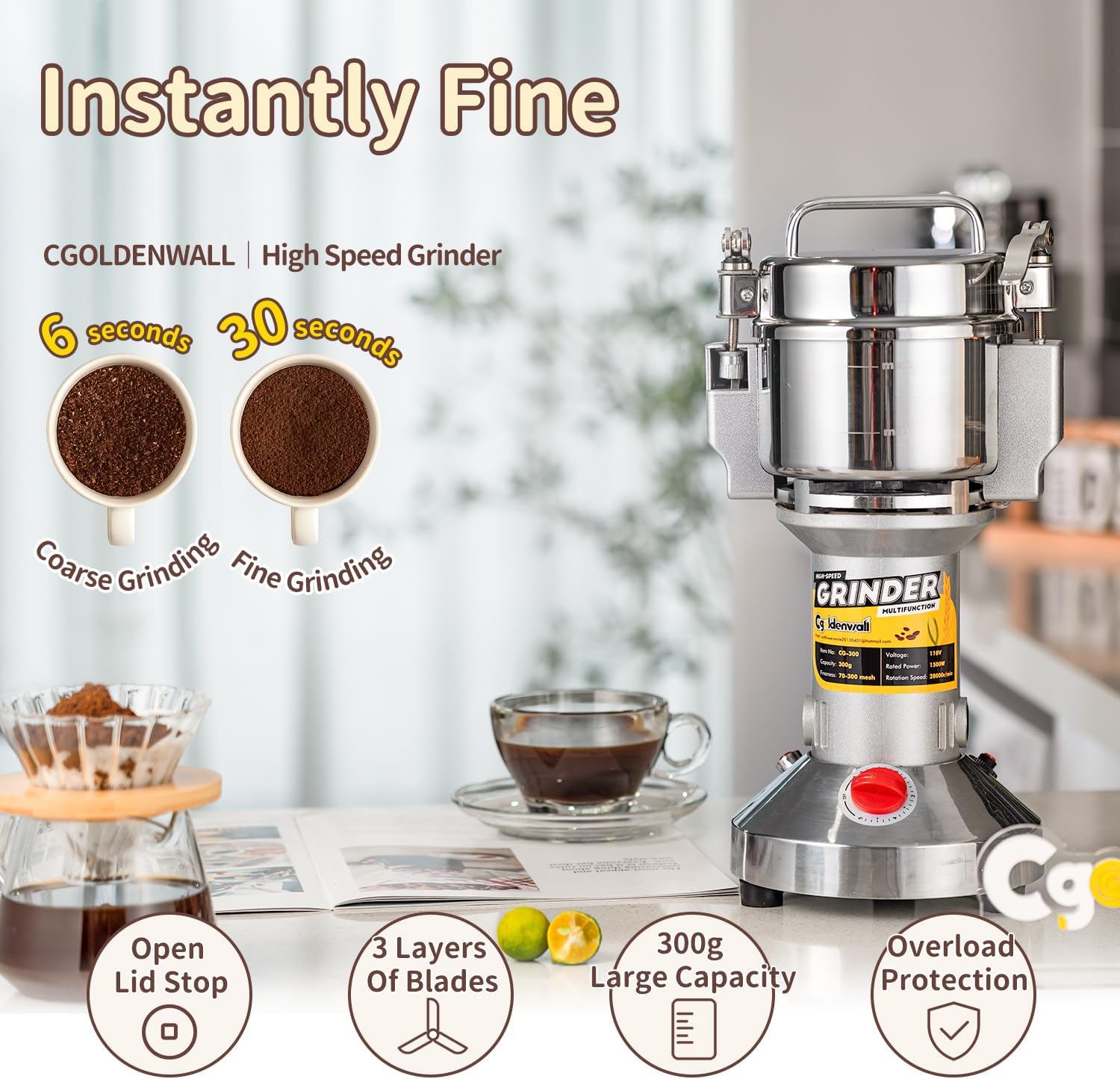 CGOLDENWALL Electric Grain Grinder – 300g Herb & Spice Mill, 1500W