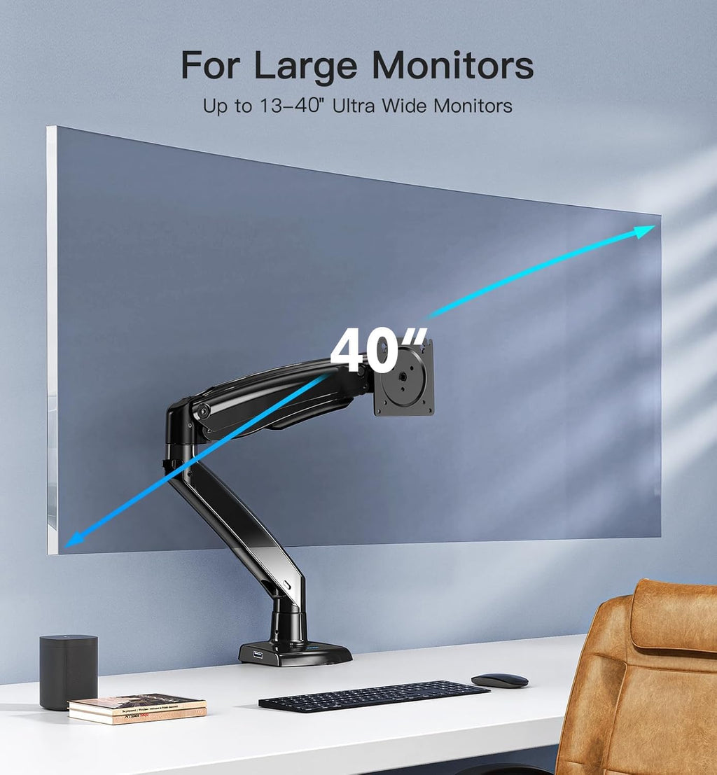 HUANUO Single Monitor Arm - Desk Mount with USB for 13–40 Inch Screens