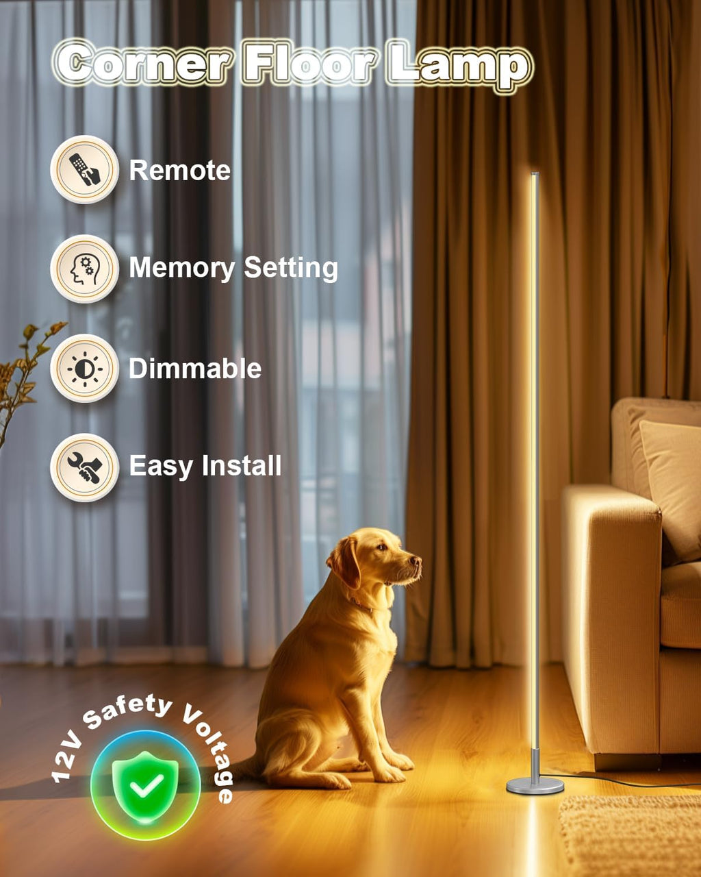 TACAHE Dimmable LED Corner Floor Lamp – 57" Minimalist Ambient Light