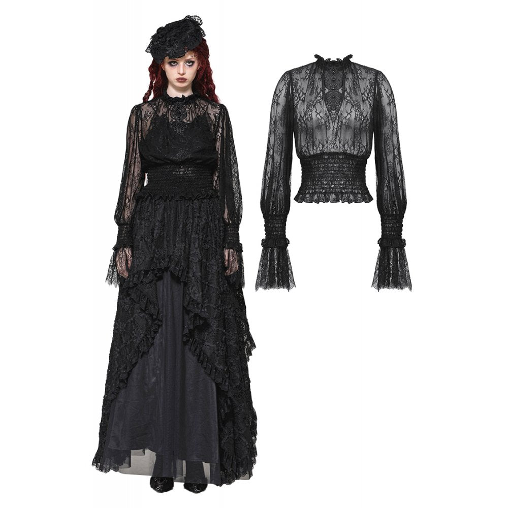 Dark in Love Aoife Black Victorian Lace Top – Gothic Pleated Waist Blouse