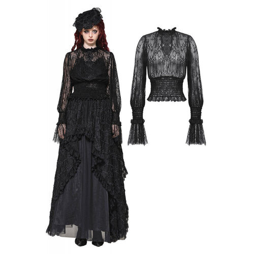 Dark in Love Aoife Black Victorian Lace Top – Gothic Pleated Waist Blouse