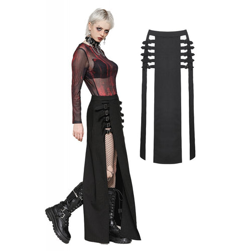 Dark in Love Phoenix Black Slit Maxi Skirt | Goth Faux Leather Buckle