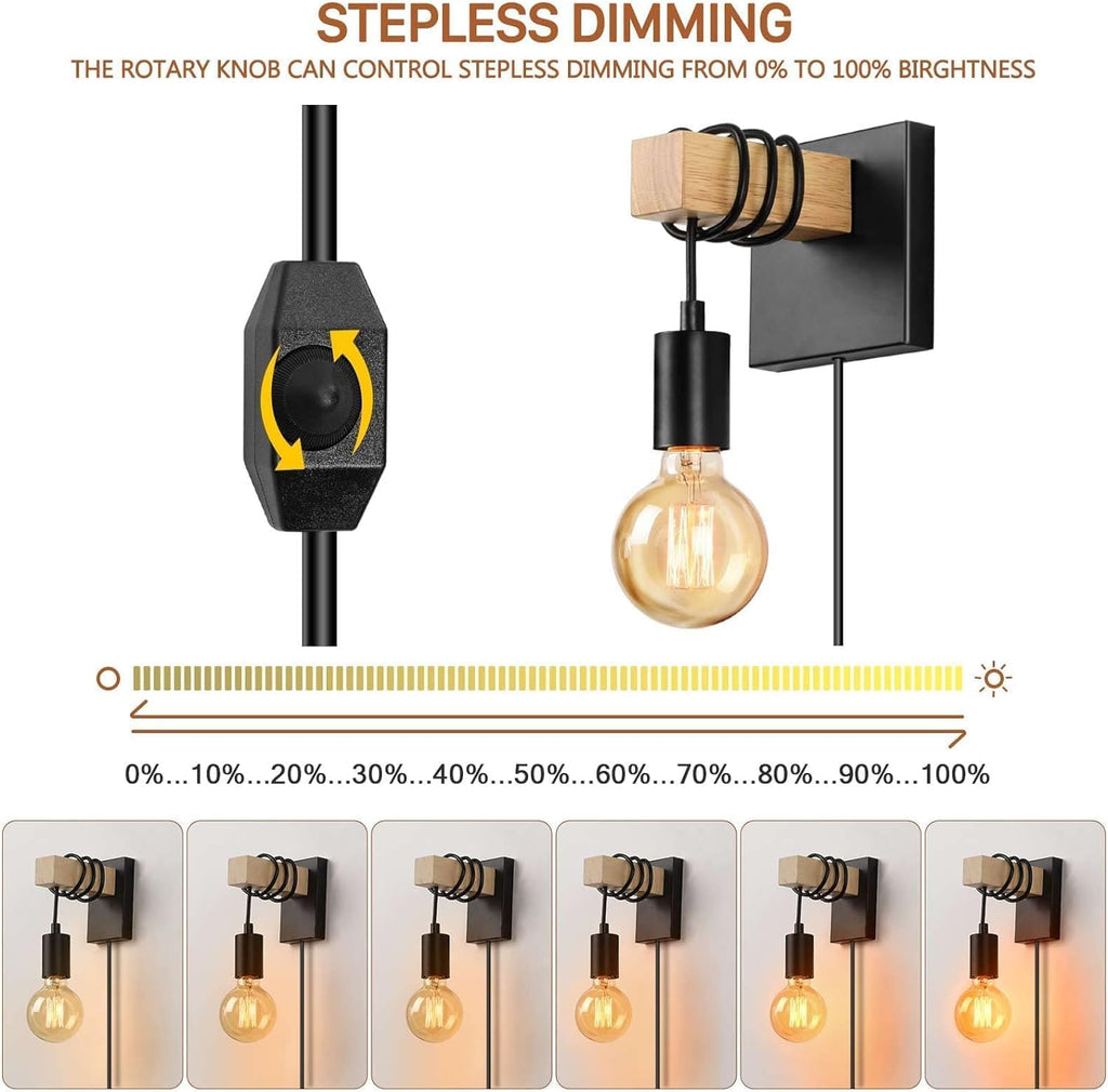 Lightess Dimmable Plug-In Wall Sconces – 2-Pack Black Wood Lighting