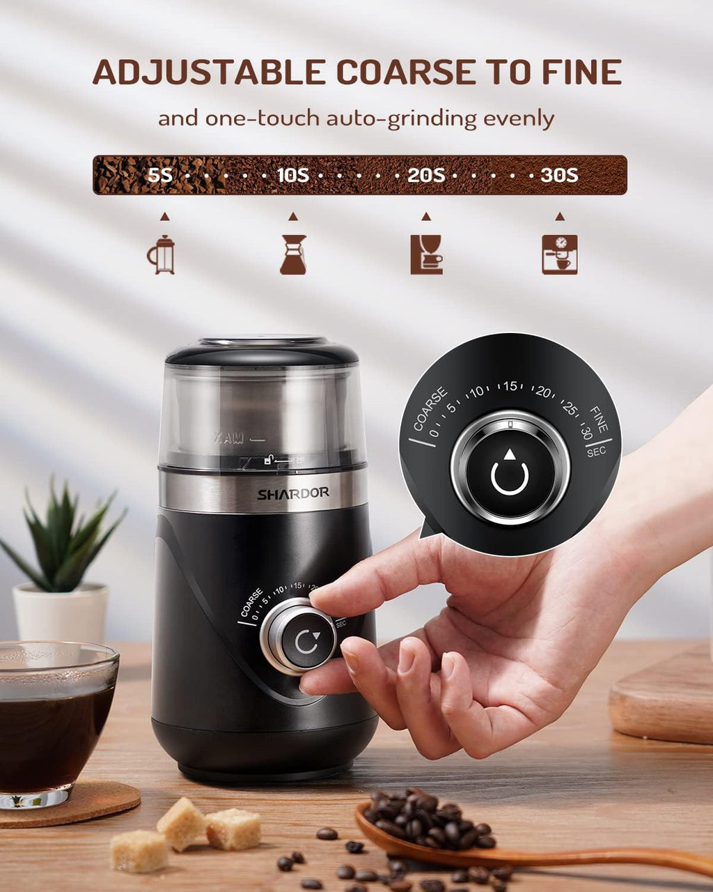 SHARDOR Electric Coffee Grinder - 2 Stainless Steel Cups & Timer